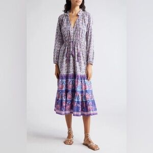 MILLE Astrid Floral Long Sleeve Cotton Dress In Bluebell, Size Large